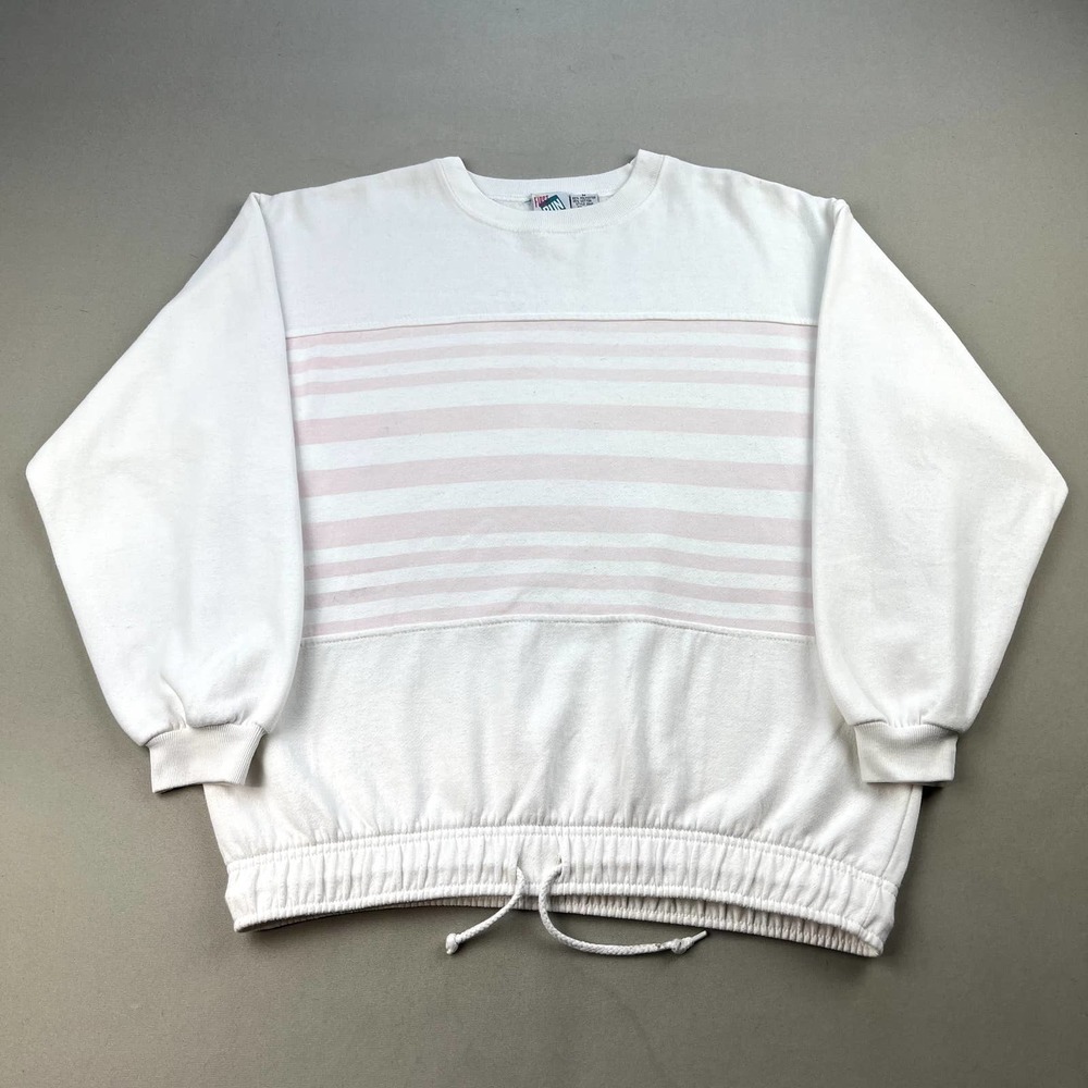 Vintage Striped Sweatshirt Womens Medium White Pink First Run Cut & Sew Tie 90s